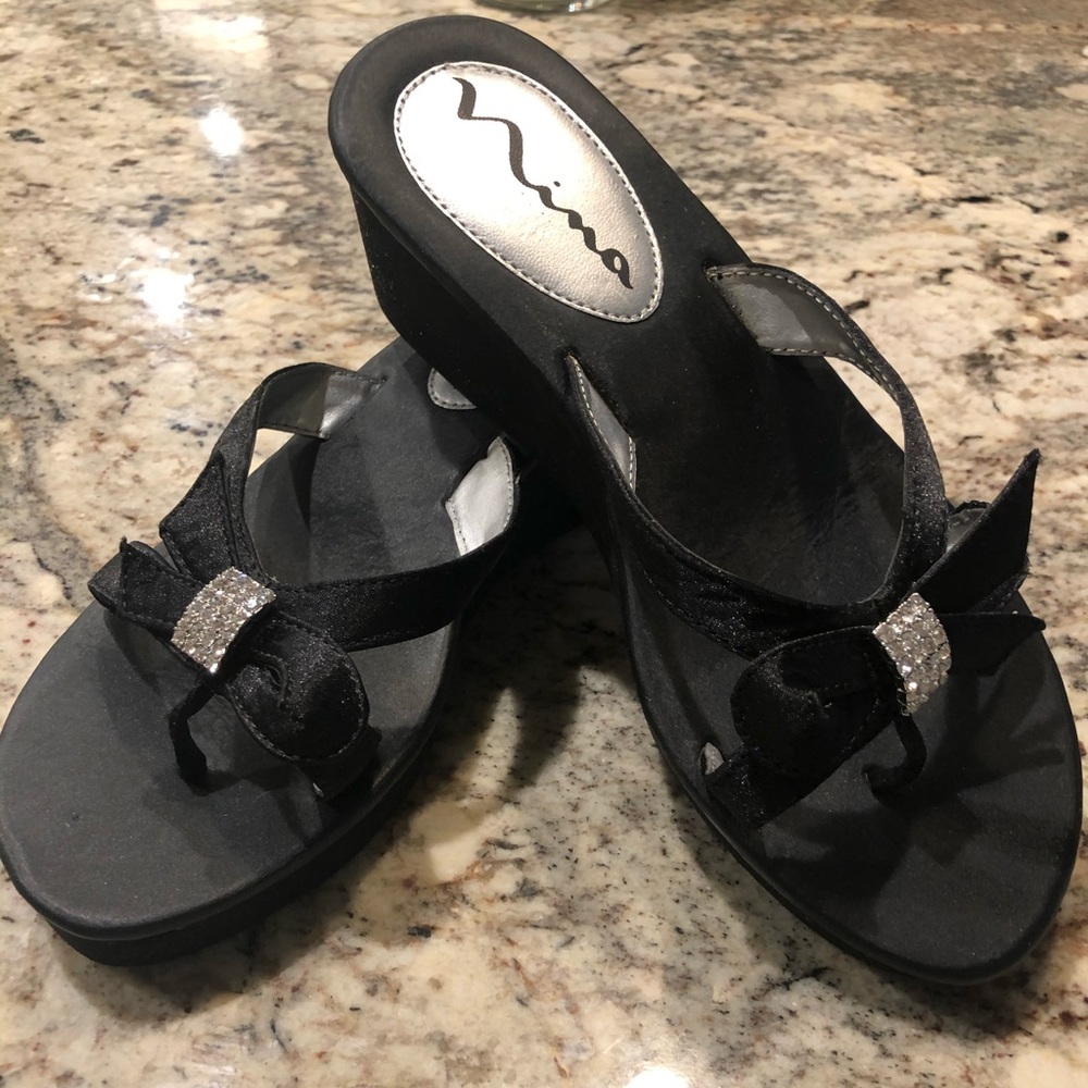 Nina black satin wedge sandals with crystals